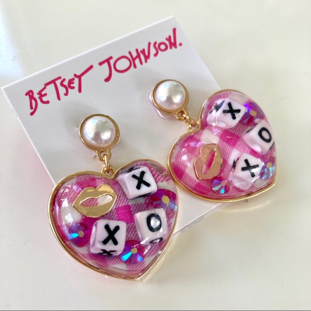 Betsey Johnson XOXO heart drop earrings lips gingham dice NWT 387210C651 pink - Picture 2 of 7